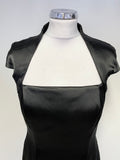 SARA BERNSHAW BLACK SATIN SQUARE NECK CAP SLEEVED PENCIL DRESS  SIZE 14