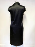 SARA BERNSHAW BLACK SATIN SQUARE NECK CAP SLEEVED PENCIL DRESS  SIZE 14