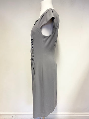 LK BENNETT GREY CAP SLEEVED RUCHED FRONT PENCIL DRESS SIZE 18