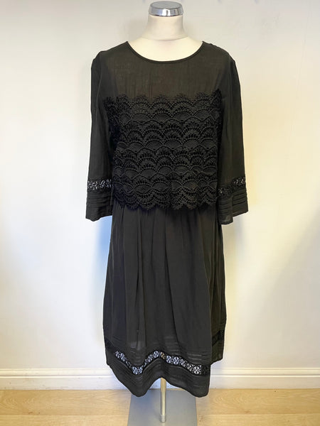 THOUGHT BLACK COTTON LACE TRIM 3/4 SLEEVE MIDI DRESS SIZE 12