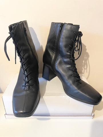 MARKS & SPENCER BLACK LEATHER LACE UP HEELED ANKLE BOOTS SIZE 7.5/ 41