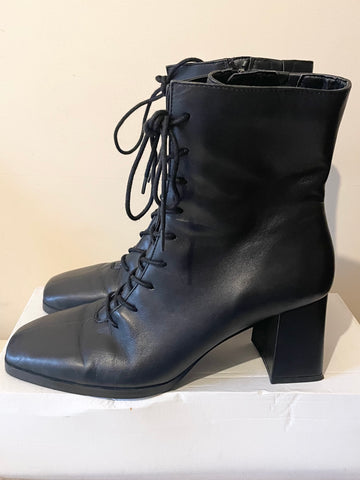 MARKS & SPENCER BLACK LEATHER LACE UP HEELED ANKLE BOOTS SIZE 7.5/ 41