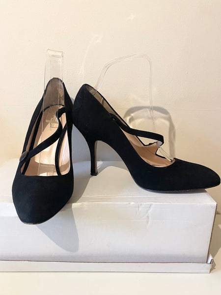 HOBBS BLACK SUEDE STRAP ACROSS HEELS SIZE 5.5/38.5