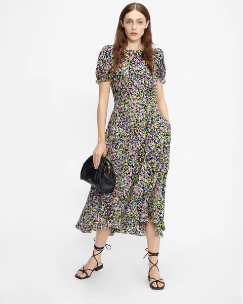 TED BAKER DEYJA MULTI COLOURED PRINT SHORT PUFF SLEEVE GRADUATED MIDI DRESS SIZE 2 UK 10/12