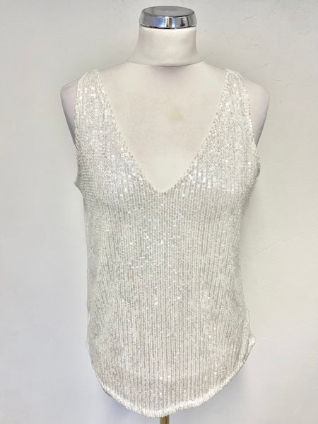 MINT VELVET WHITE SEQUINNED V NECK SLEEVELESS TOP SIZE M