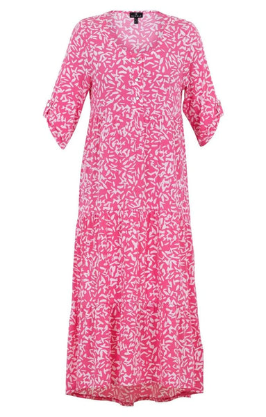 MARBLE PINK & WHITE PRINT SCOOP NECK 3/4 SLEEVE TIERED MIDI DRESS SIZE 12