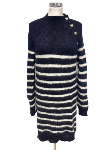 LA MAILLE SEZANE NAVY & WHITE STRIPE KID MOHAIR MIX JUMPER DRESS SIZE S