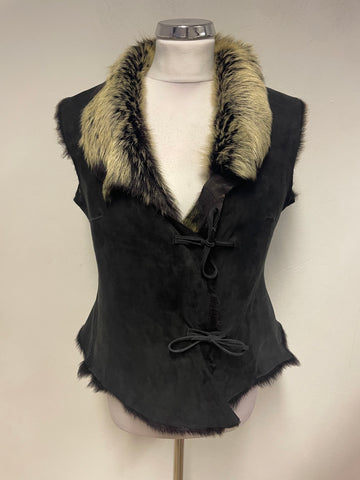 UNBRANDED BLACK SHEEPSKIN FUR LINED REVERSIBLE GILET SIZE S/M