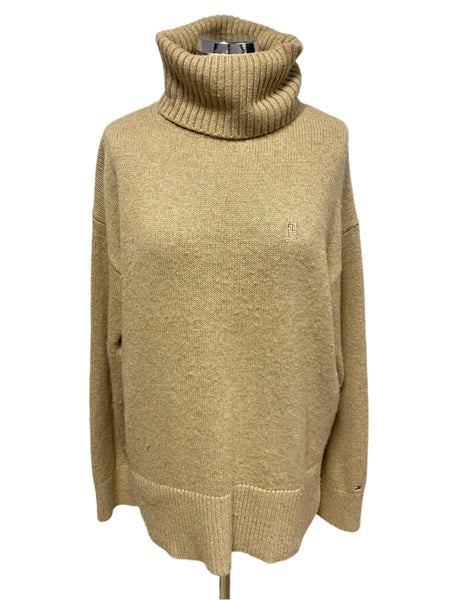 TOMMY HILFIGER CAMEL WOOL MIX ROLL NECK OVERSIZED JUMPER  SIZE XS