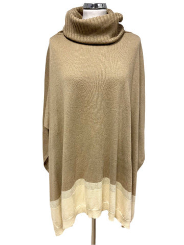 JOULES KARI SAND & CREAM TRIM ROLL NECK KNIT PONCHO ONE SIZE