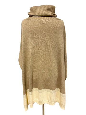 JOULES KARI SAND & CREAM TRIM ROLL NECK KNIT PONCHO ONE SIZE