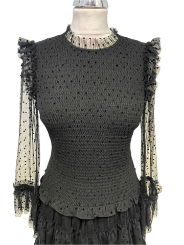 ME + EM BLACK SPOTTED MESH TIERED FRILL SKIRT LONG SLEEVED MIDI DRESS SIZE 8