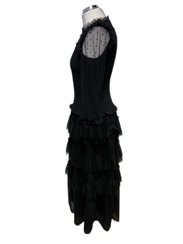 ME + EM BLACK SPOTTED MESH TIERED FRILL SKIRT LONG SLEEVED MIDI DRESS SIZE 8