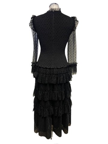 ME + EM BLACK SPOTTED MESH TIERED FRILL SKIRT LONG SLEEVED MIDI DRESS SIZE 8