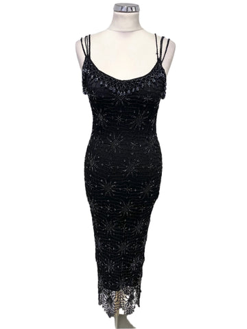 KAREN MILLEN BLACK BEADED CROCHET KNIT FINE STRAP EVENING DRESS SIZE 1 UK 8/10