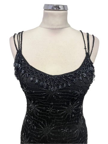 KAREN MILLEN BLACK BEADED CROCHET KNIT FINE STRAP EVENING DRESS SIZE 1 UK 8/10