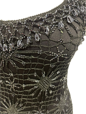 KAREN MILLEN BLACK BEADED CROCHET KNIT FINE STRAP EVENING DRESS SIZE 1 UK 8/10