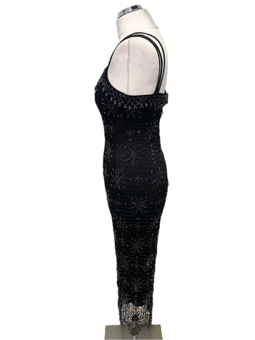 KAREN MILLEN BLACK BEADED CROCHET KNIT FINE STRAP EVENING DRESS SIZE 1 UK 8/10