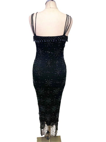 KAREN MILLEN BLACK BEADED CROCHET KNIT FINE STRAP EVENING DRESS SIZE 1 UK 8/10