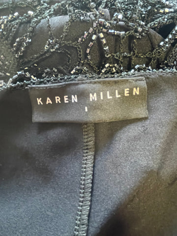 KAREN MILLEN BLACK BEADED CROCHET KNIT FINE STRAP EVENING DRESS SIZE 1 UK 8/10