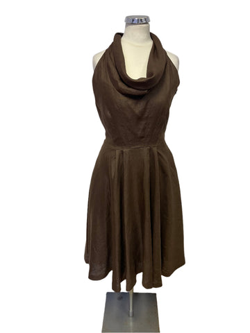 BRAND NEW ZARA WOMAN 100% LINEN BROWN FIT & FLARE DRESS SIZE S UK 8