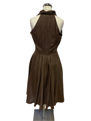 BRAND NEW ZARA WOMAN 100% LINEN BROWN FIT & FLARE DRESS SIZE S UK 8