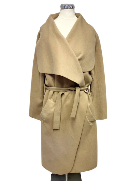 UNBRANDED CAMEL COLLARED UNLINED WRAP TIE BELT COAT ONE SIZE FIT APPROX UK 10-16