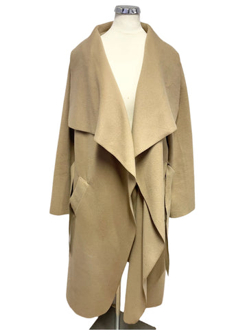 UNBRANDED CAMEL COLLARED UNLINED WRAP TIE BELT COAT ONE SIZE FIT APPROX UK 10-16