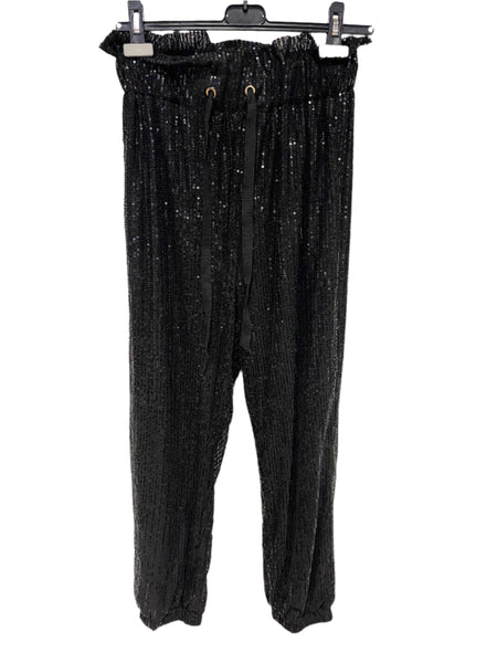 BRAND NEW UNBRANDED BLACK SEQUINNED ELASTICATED WAIST TROUSERS  SIZE L APRROX UK 10/12