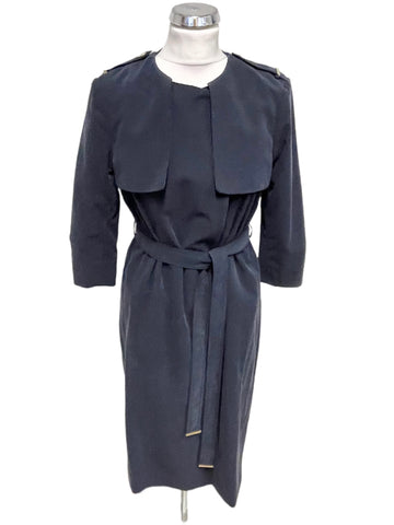 TED BAKER CORABEL NAVY UNLINED BELTED COLLARLESS TRENCH COAT SIZE 1 UK 10