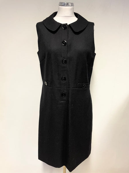 HOBBS BLACK 100% WOOL COLLARED BUTTON TRIM SLEEVELESS SHIFT DRESS SIZE 14