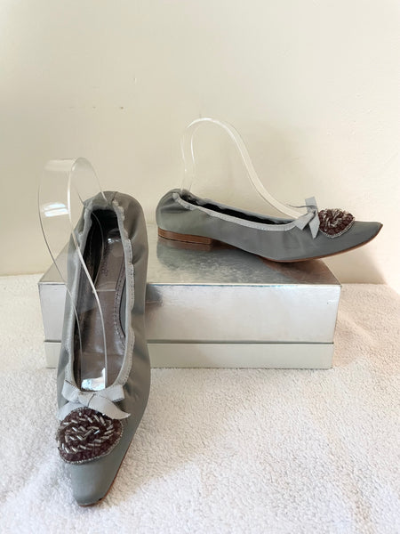 LK BENNETT LIGHT GREY BEAD TRIM SATIN BALLERINA FLATS  SIZE 5/38