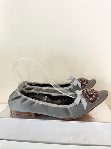 LK BENNETT LIGHT GREY BEAD TRIM SATIN BALLERINA FLATS  SIZE 5/38