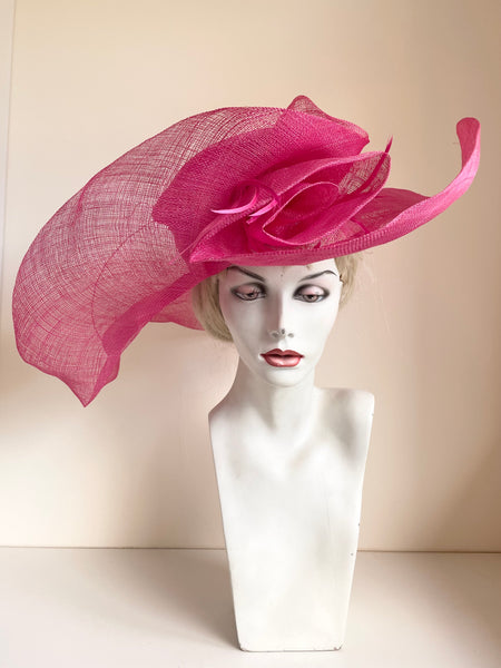 SUZANNE BETTLEY CANDY PINK FEATHER TRIMMED WIDE SHAPED BRIM FORMAL HAT ONE SIZE