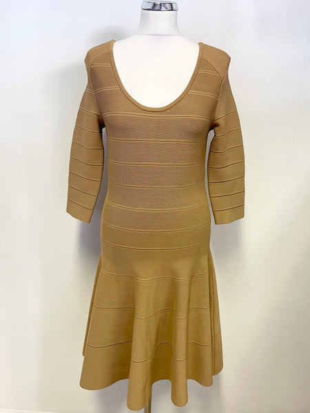 WHISTLES CAMEL SCOOP NECK 3/4 SLEEVED FIT & FLARE DRESS SIZE 12