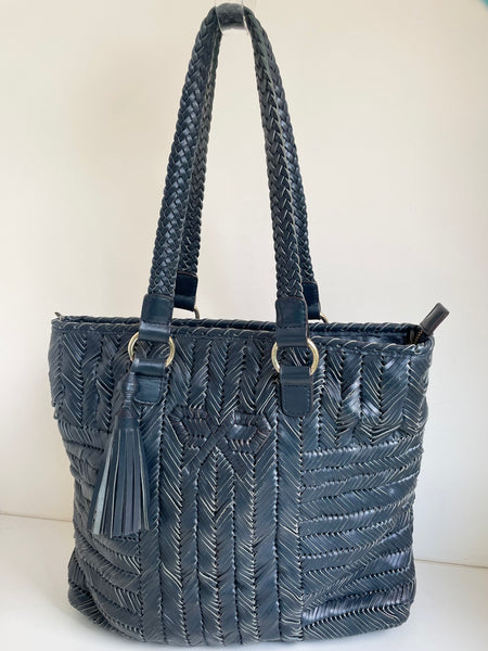 ANYA HINDMARCH DARK BLUE LEATHER WEAVE LARGE SHOULDER BAG