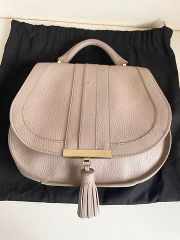 DEMELLIER LONDON TAUPE PEBBLED FINISH LEATHER TOP HANDLE BAG WITH ADDITIONAL CROSSBODY/SHOULDER STRAP