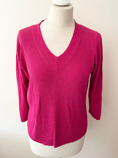 JAEGER PINK RIB KNIT COTTON BLEND V NECK 3/4 SLEEVED JUMPER  SIZE L