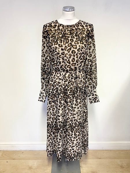 BODEN BEIGE,CAMEL,BLACK LEOPARD PRINT LONG SLEEVED BELTED MIDI DRESS SIZE 12L