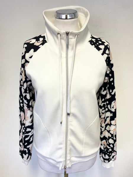 SANI BLU WHITE LONG PATTERNED SLEEVED ZIP FRONT TOP SIZE 34/ S