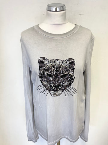 LAUREL LIGHT GREY TIGER HEAD SEQUIN TRIMMED LONG SLEEVED TOP SIZE 12