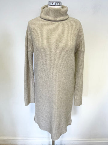 ODEMAI BEIGE RIB KNIT ROLL NECK LONG SLEEVED JUMPER DRESS SIZE 1 UK S/M