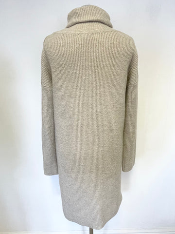 ODEMAI BEIGE RIB KNIT ROLL NECK LONG SLEEVED JUMPER DRESS SIZE 1 UK S/M