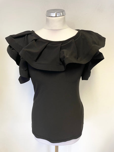 JOSEPH RIBKOFF BLACK RUFFLE FRILLED CAP SLEEVED TOP SIZE 10