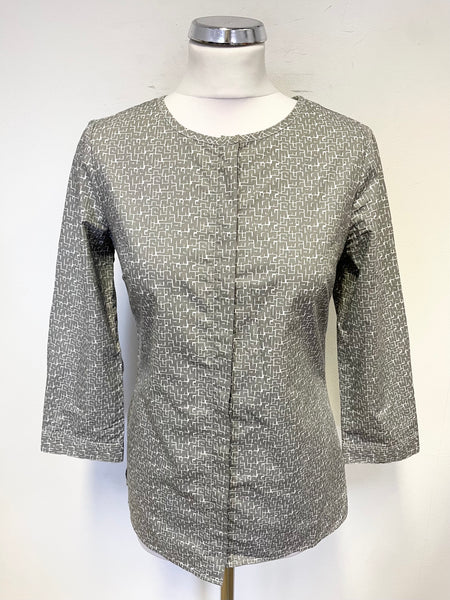 PAUL COSTELLO GREY PRINT COLLARLESS 3/4 SLEEVE SHIRT SIZE 8