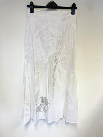 ELISA CAVALETTI WHITE & SILVER EMBROIDERED PANEL LONG COTTON SKIRT SIZE 10