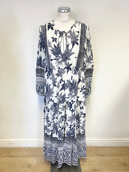 EVE IN PARADISE NAVY & WHITE PATTERNED LONG SLEEVED TIERED MAXI DRESS SIZE 34 UK S