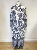 EVE IN PARADISE NAVY & WHITE PATTERNED LONG SLEEVED TIERED MAXI DRESS SIZE 34 UK S