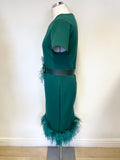 BRAND NEW HF EMERALD GREEN SHORT SLEEVED FEATHER TRIM PENCIL DRESS SIZE S/M