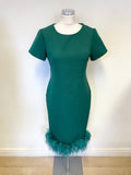 BRAND NEW HF EMERALD GREEN SHORT SLEEVED FEATHER TRIM PENCIL DRESS SIZE S/M